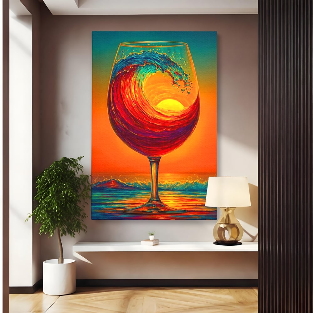 Tablou canvas cu tablou canvas cu pahar de vin si val, fara rama, pe sasiu de lemn